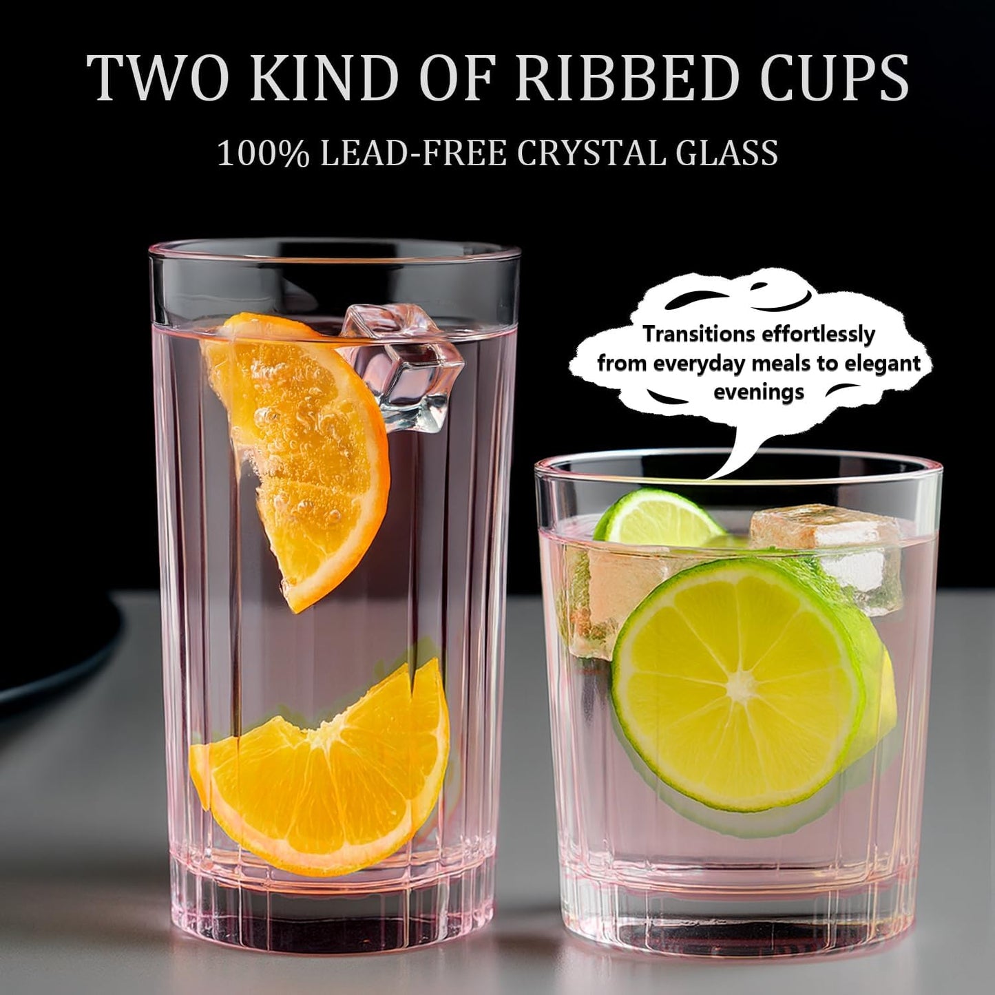 Laerjin Drinking Glasses Set of 8, 12 oz Highball Glasses & 10 oz Cocktail Glasses Set, Glassware Drinking Glasses, Glassware Sets for Cocktail, Beer, Wine, Whiskey, Water & Juice Drinkware(Pink)