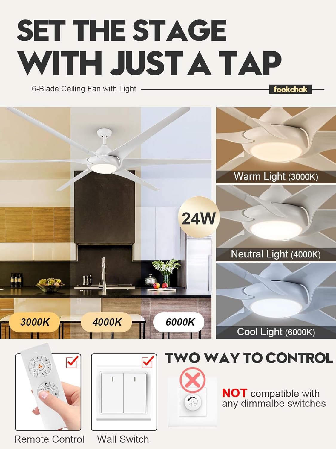 100in White Large Ceiling Fan with Lights Remote Control 6-Blade Outdoor Ceiling Fan Light for Patio, Multi-Speed Reversible Airflow for Garage Home Office Gym Room Living Room