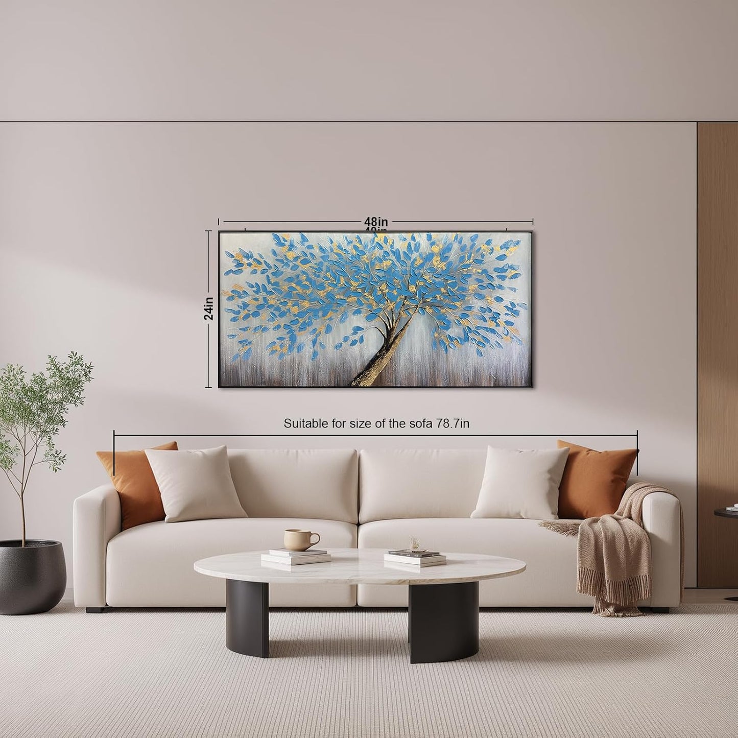 Blue Tree of Life Canvas Wall Art, Modern Abstract Textured Painting, Large Wall Art Framed Panoramic Landscape Artwork for Living Room, Bedroom, Office, Home Decor 48"x24"