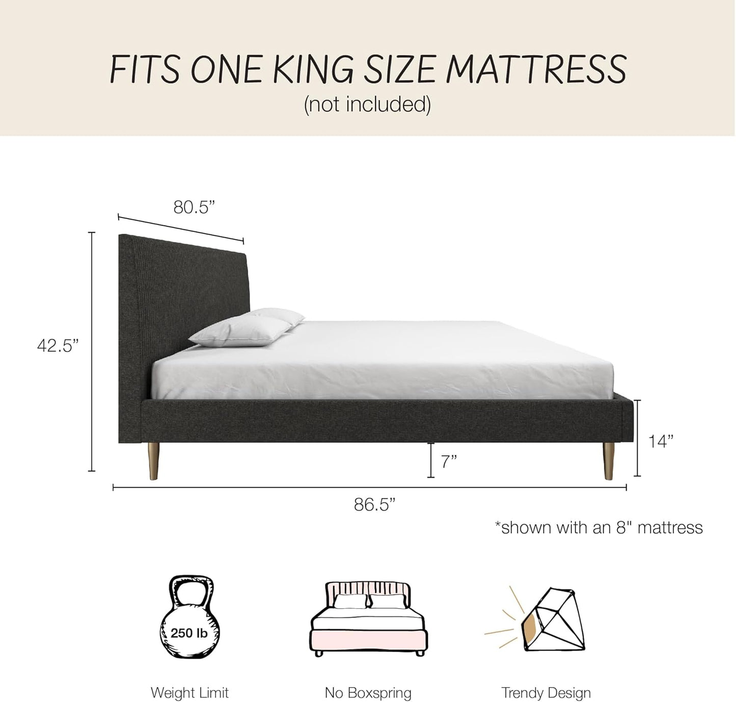 Mr. Kate Daphne Upholstered Bed with Headboard and Modern Platform Frame, King, Dark Gray Linen