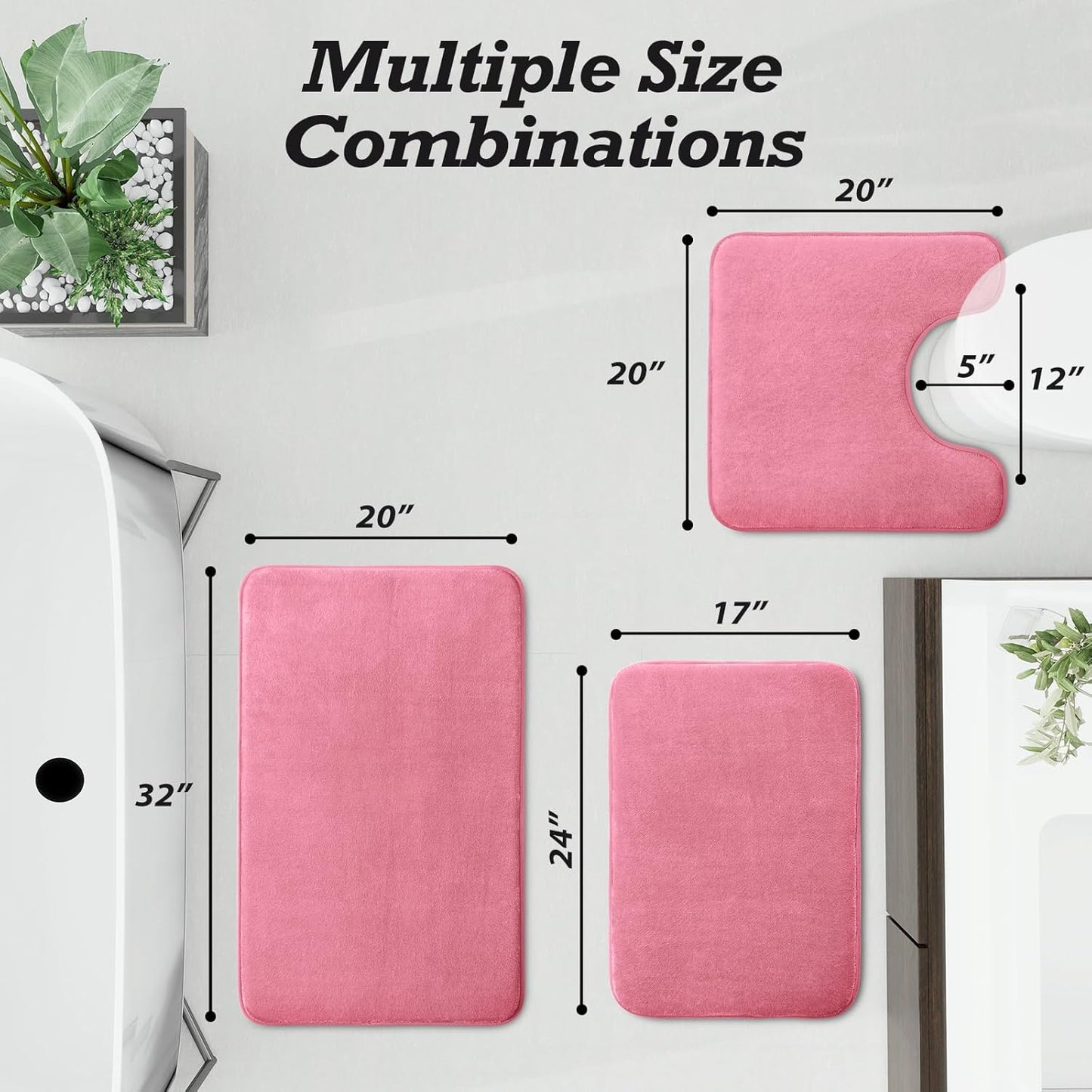 HUXMEYSON Bathroom Rugs Sets 3 Piece, Non-Slip & Quick Dry Bath Mat Set, Ultra Soft Velvet Bath Rugs for Bathroom, Toilet and Shower Floor, Pink