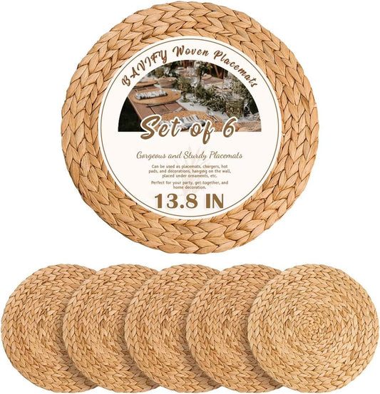 13.8 in Round Boho Placemats Set of 6, Woven Plate Chargers for Dining Table Decor Farmhouse Rustic Rattan Wicker Table Mats Chargers for Dinner Plates Jute Braided Place Mats