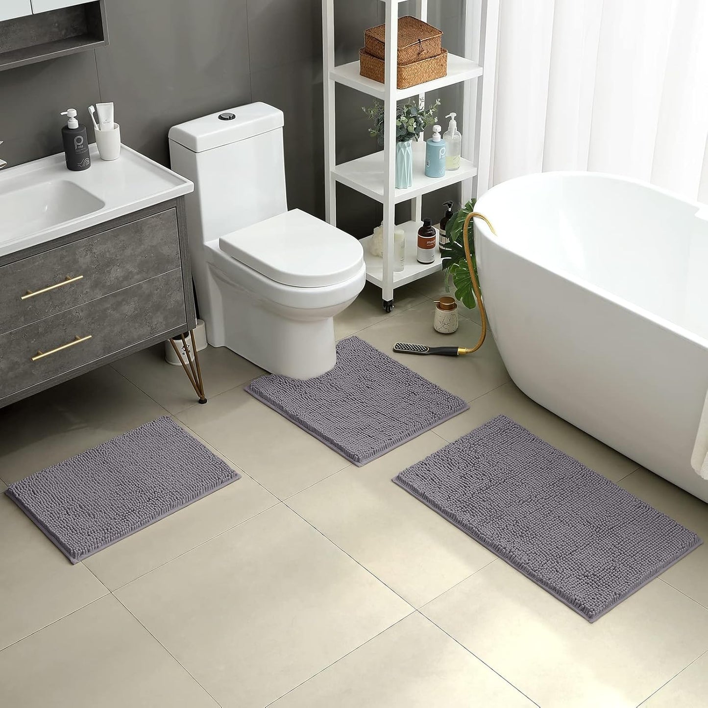 HOMEIDEAS 3 Pieces Bathroom Rugs, Ultra Soft Non Slip Absorbent Chenille Toilet Bath Mat Set (Grey,17"x24"+20"x32"+U Shape 20"x24")