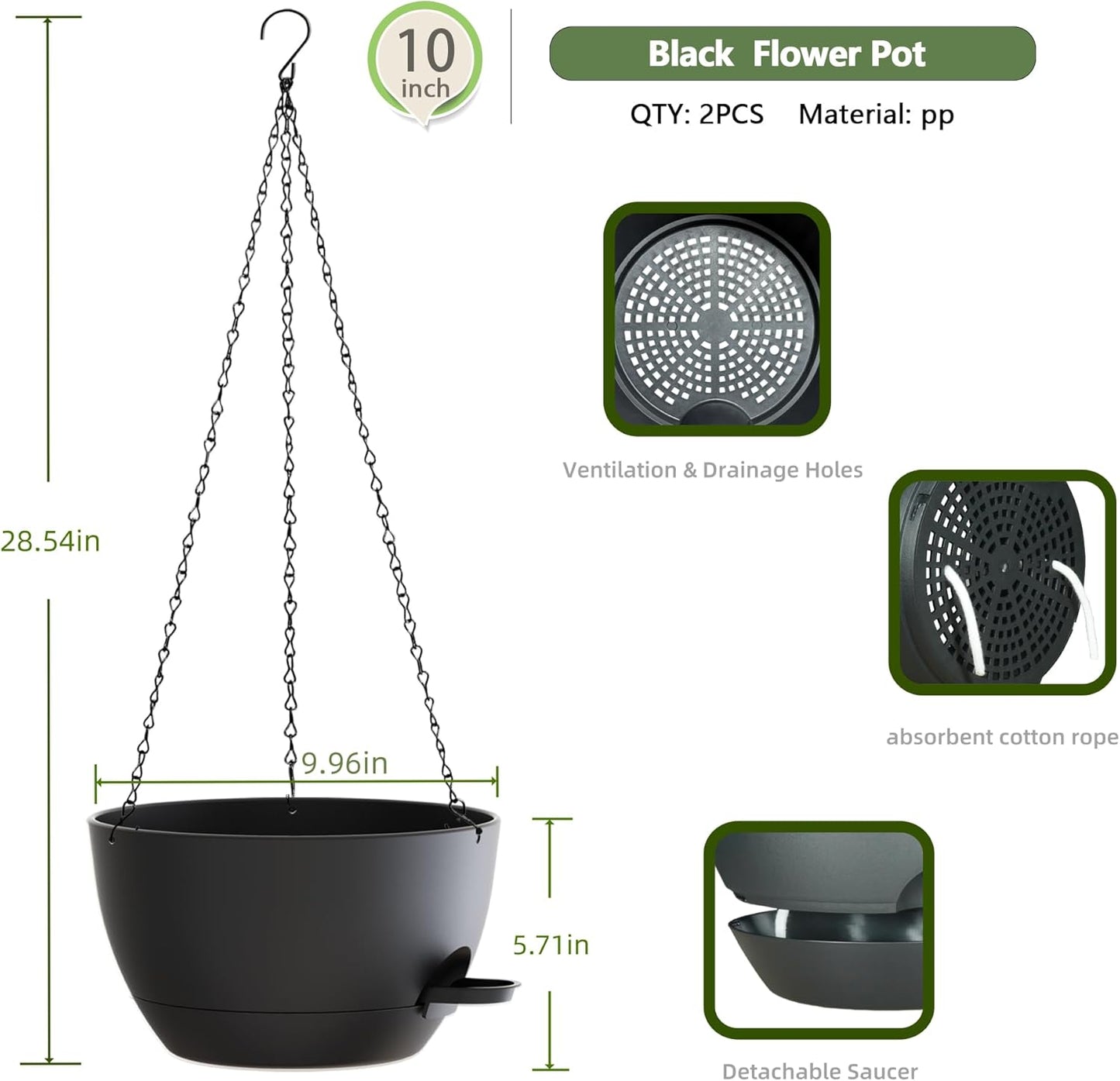 10 Inch Hanging Baskets 2 PC with Chains, Self-Watering Hanging Planters for Indoor Outdoor Plants, Plastic Hanging Flower Pots,Black