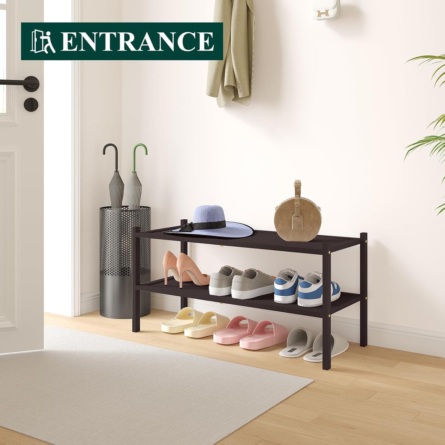 Smiry Bamboo Shoe Rack, 2 Tier Shoe Organizer for Entryway & Closet, Stackable Free Standing Storage Shelf for Shoes, Bags & Plants, Brown