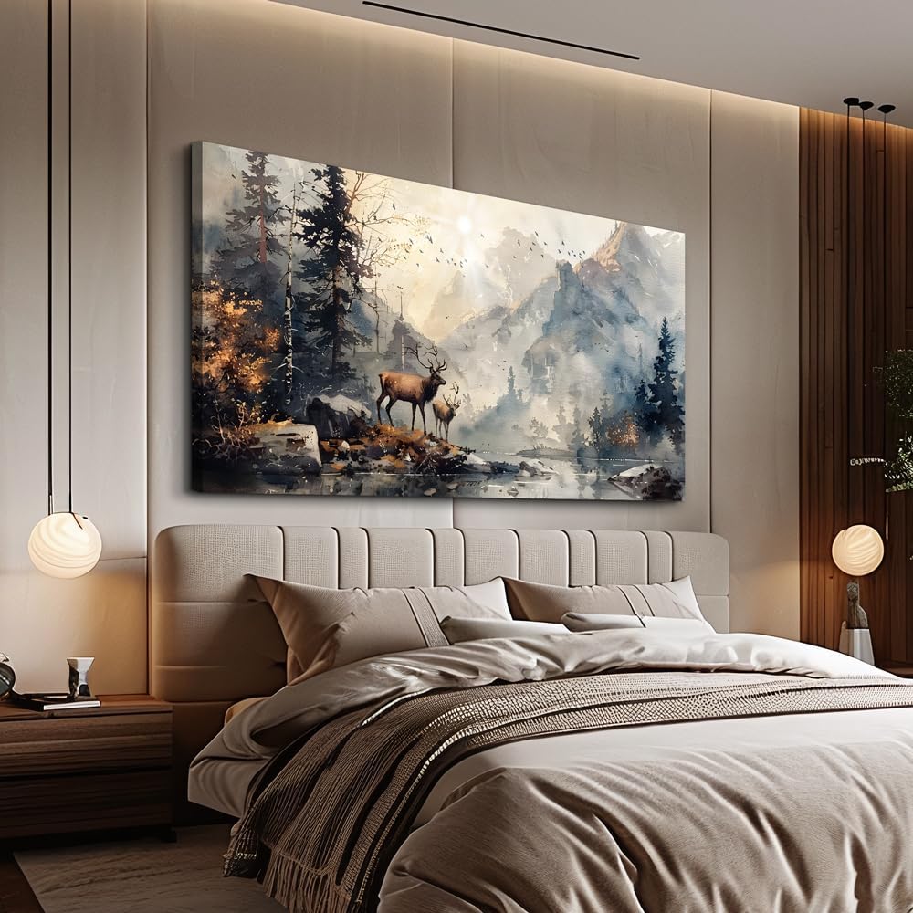 FUHAIHUA Large Wall Decor For Living Room Canvas Wall Art For Office Bedroom Wall Pictures Mountain Forest Landscape Ink Painting Deer Poster Artwork Room Home Decor Modern Aesthetic Mural 30x60 In