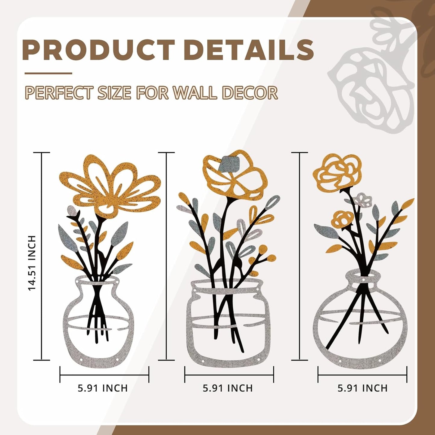 Luckinds Metal Flower Wall Art 3 Pieces, Rustic Farmhouse Decor Wall Decor Metal Wall Sculptures Hanging for Kitchen Bathroom living room