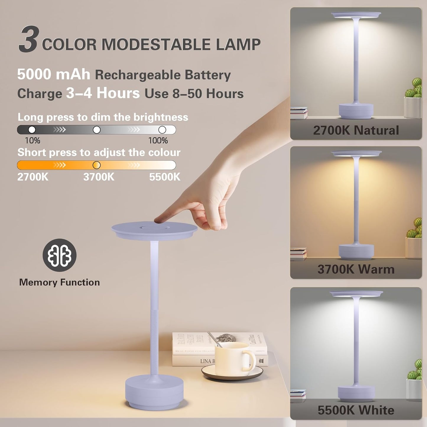 Cordless Table Lamp 2P Light Purple Portable Lights LED Rechargeable Battery Operated 3 Levels Brightness IP54 Waterproof Memory Function for Outdoor Patio Travel Cafe Restaurant