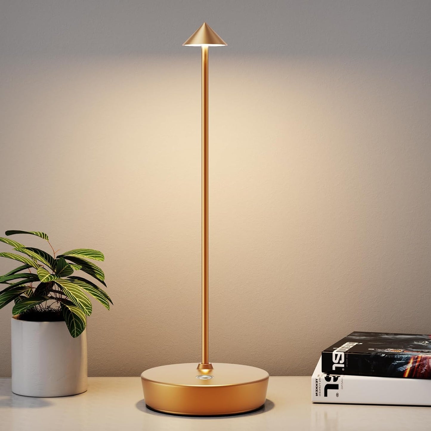 Rechargeable Cordless Table Lamp, Portable Powered LED Battery 6000mAh Metal USB Desk Lamp, 3 Levels Brightness Light for Restaurants Outdoor (Gold)