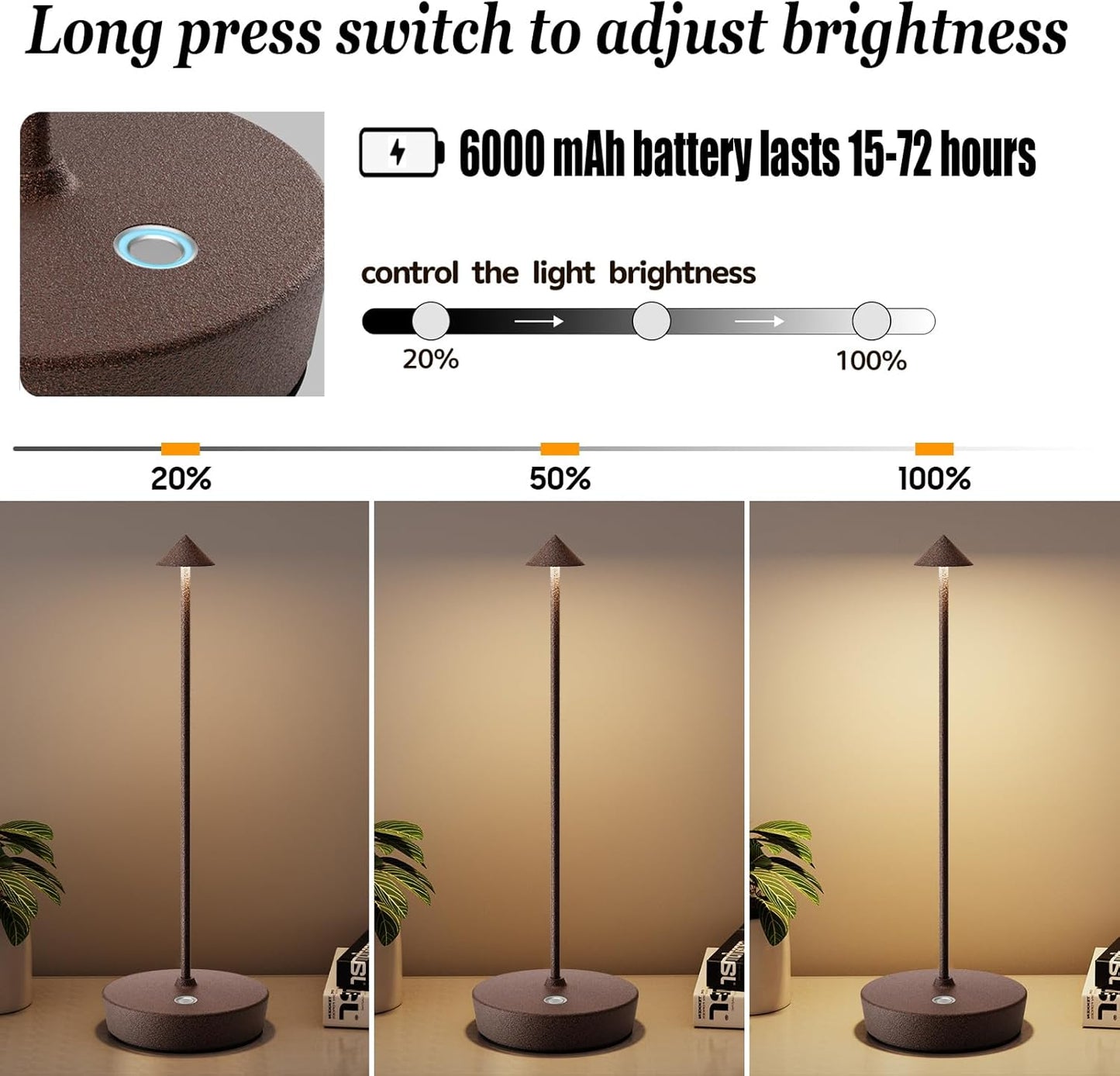 2Pack Rechargeable Cordless Table Lamp, Portable Powered LED Battery 6000mAh Metal USB Desk Lamp, 3 Levels Brightness Light for Restaurants Outdoor (2pack ferruginous)