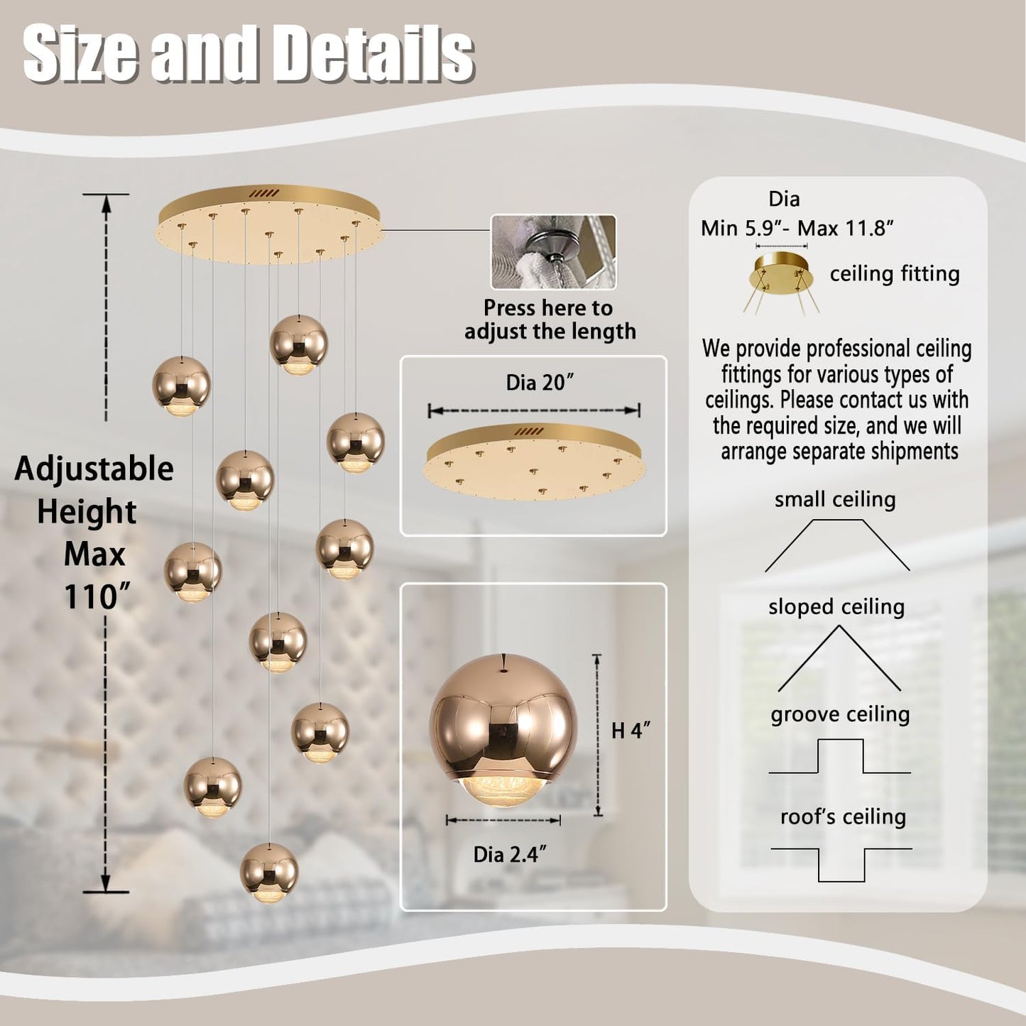 10-Light LED Staircase Gold Chandelier Crystal Ceiling Lights Large Chandeliers for High Ceilings, Entryway Modern Lighting Fixture Villas and Stairs