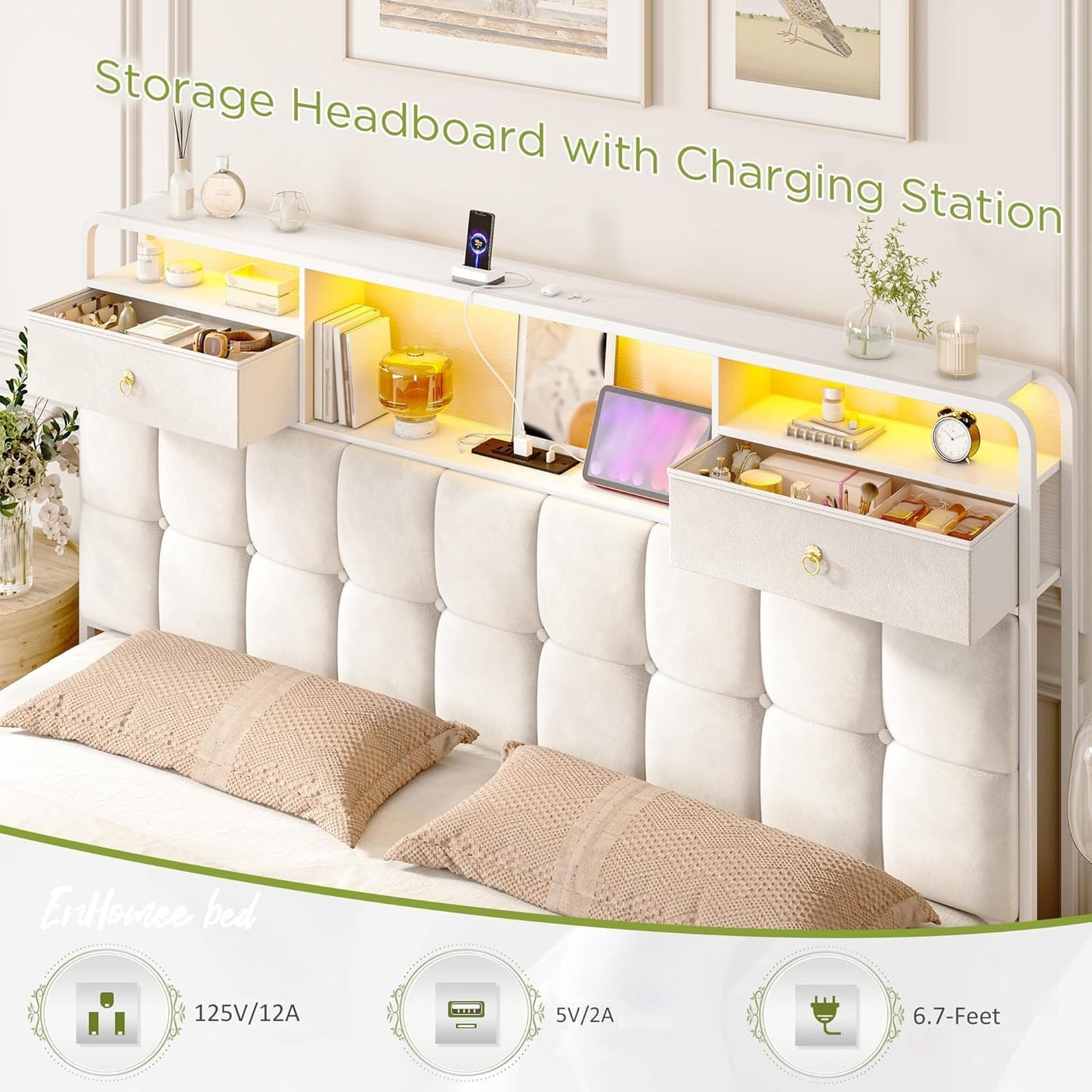 EnHomee King Size Bed Frame with Upholstered Headboard and 6 Storage Drawers,King Bed Frame with LED Lights and Charging Station,no Box Spring Needed,No Noise, Easy Assembly,Velvet,Sturdy,Soft,Beige