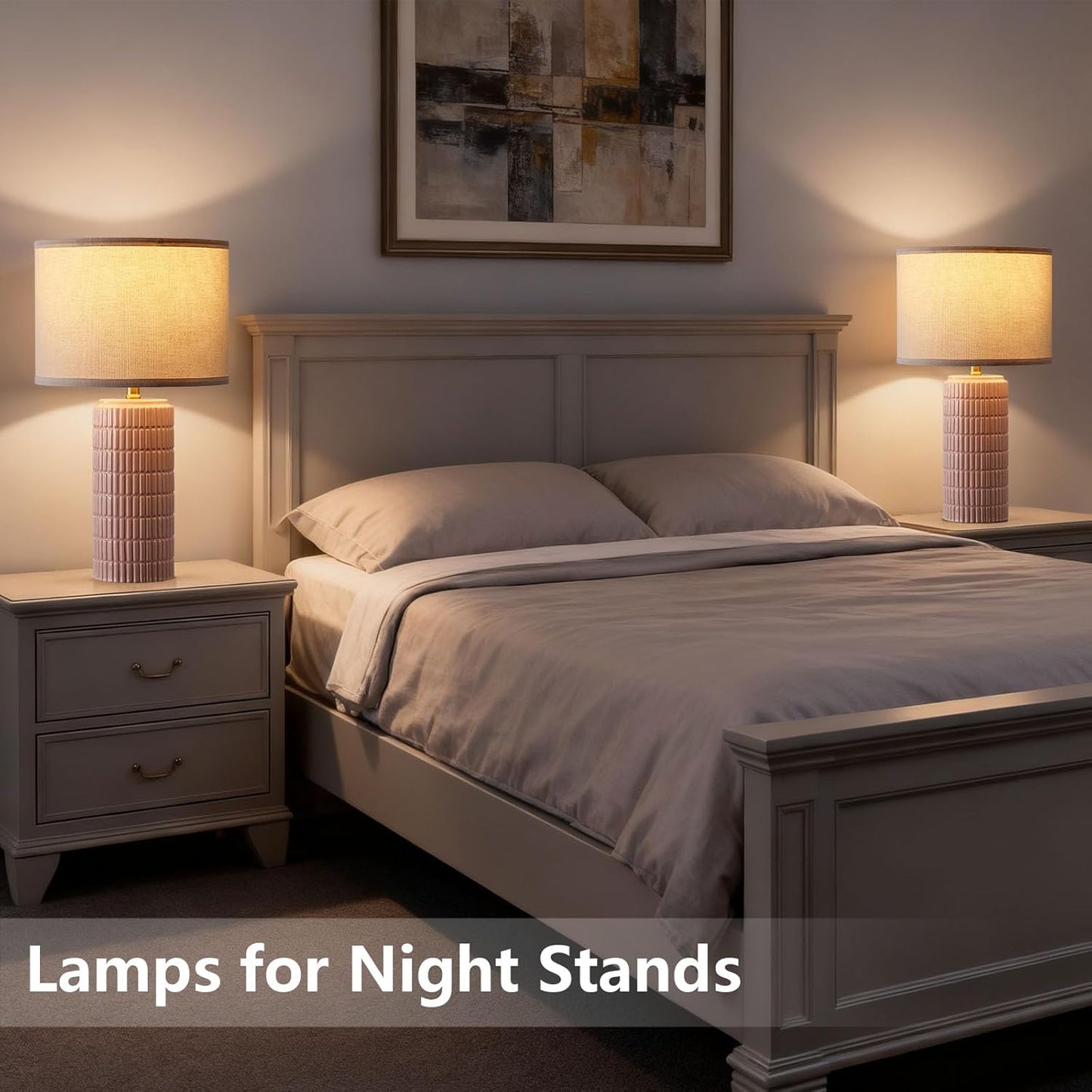 Modern Ceramic Table Lamp Set of 2, Bedside Lamp for Bedroom Decor, Nightstand Lamp with 3 Color Temperatures, Desk Light for Living Room Dorm Office, Pink