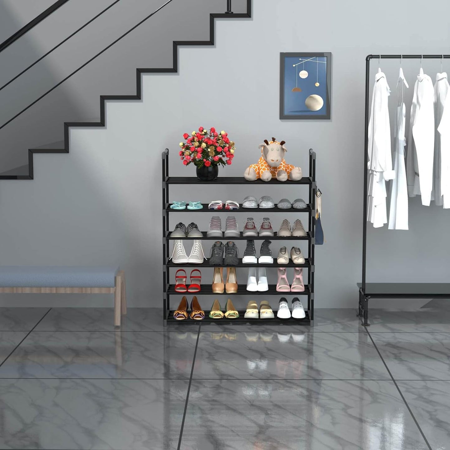 6 Tiers Metal Shoe Rack,Adjustable Shoe Shelf Storage Organizer with Hooks,Stackable Boot & Shoe Storage,for Entryway,Hallway,Closet,Black