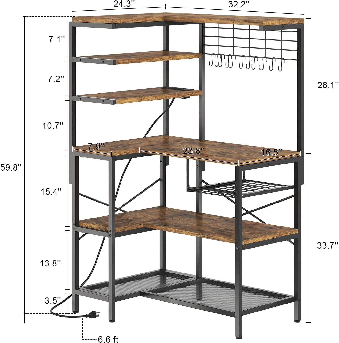 L-Shaped Bakers Rack with Power Outlet, 6-Tier Microwave Stand with Open Storage, Coffee Bar with Hooks, Mesh Grid, Kitchen Shelf with Wire Basket, Rustic Brown and Black