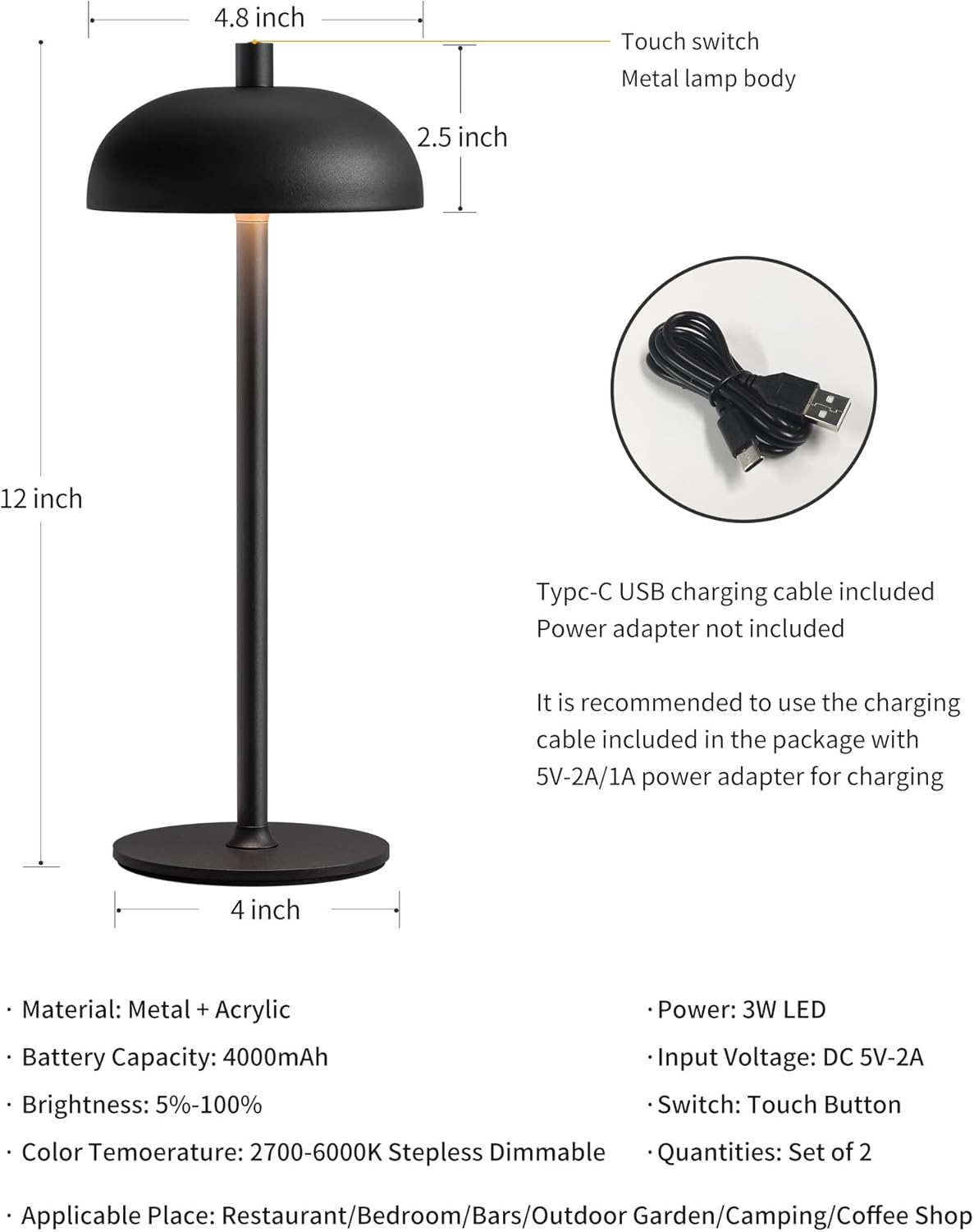 Cordless LED 12" Small Table Lamps Set of 2, Modern Portable Desk Lamp, 3 Color Dimming Rechargeable Battery Lights for Bedroom, Outdoor, Restaurant, Bedside, Baby Night Light, Gifts (Black)