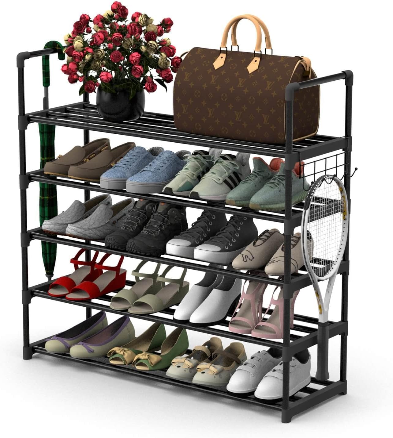 5 Tiers Metal Shoe Rack,Adjustable Shoe Shelf Storage Organizer with Hooks,Stackable Boot & Shoe Storage,for Entryway,Hallway,Closet,Black