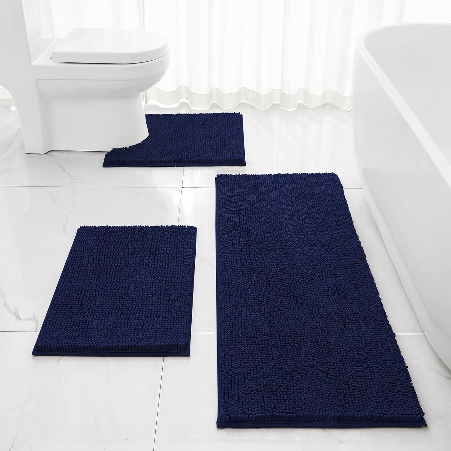 HOMEIDEAS 3 Pieces Bathroom Rugs, Ultra Soft Non Slip Absorbent Chenille Toilet Bath Mat Set (Blue-Navy Blue, 17"x24"+20"x48"+U Shape 20"x24")