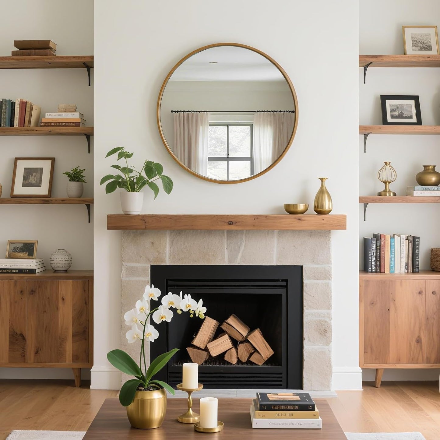 WallBeyond Round Wood Mirror, 32" Round Modern Decoration Large Circle Wall Mirror for Bathroom Living Room Bedroom Entryway, Natural