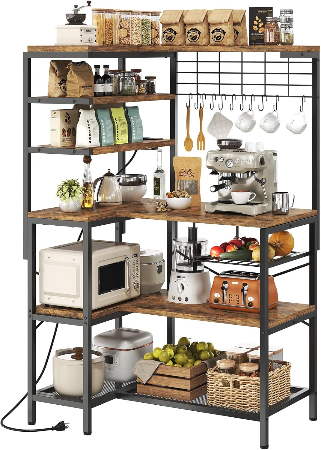 L-Shaped Bakers Rack with Power Outlet, 6-Tier Microwave Stand with Open Storage, Coffee Bar with Hooks, Mesh Grid, Kitchen Shelf with Wire Basket, Rustic Brown and Black