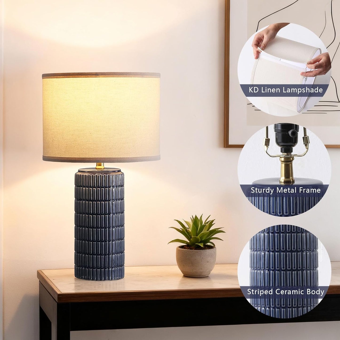 Modern Ceramic Table Lamp Set of 2, Bedside Lamp for Bedroom Decor, Nightstand Lamp with 3 Color Temperatures, Desk Light for Living Room Dorm Office, Blue