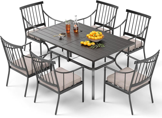 PHI VILLA 7 Piece Outdoor Dining Set with Cushion, 60” Rectangular Metal Dining Table with Umbrella Hole & 6 Cushioned Iron Chairs for Patio, Deck, Yard