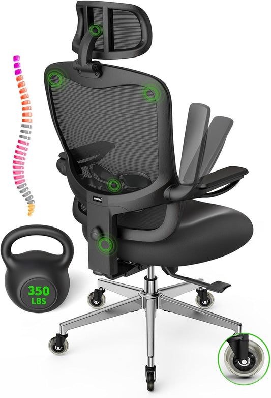 Ergonomic Office Chair with Upgraded Rubber Wheels for Big and Tall, Adjustable High Back Computer Chair 350lbs with 3D Headrest, Lumbar Support, Flip-up Arms, Mesh Desk Chair for Long Work Hours