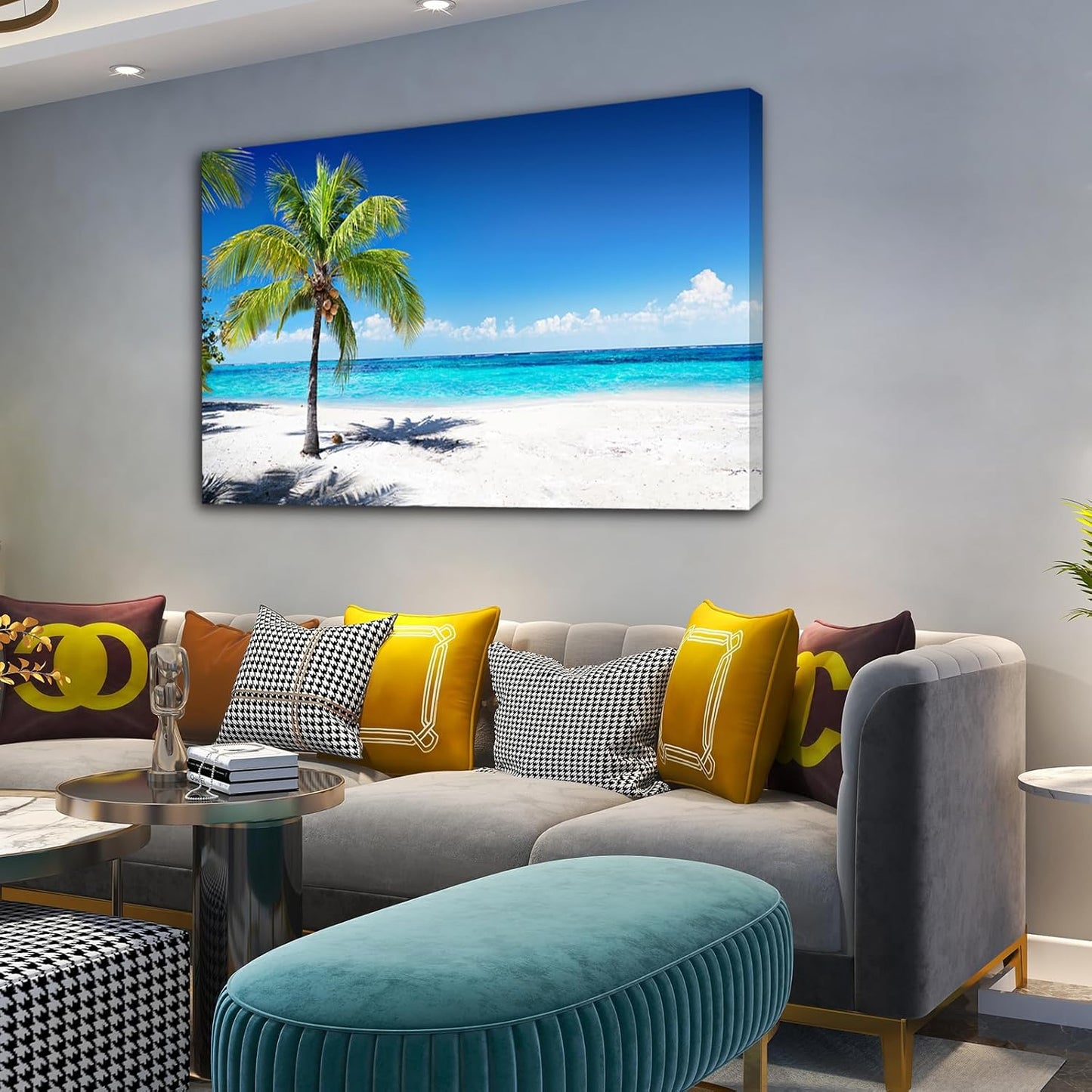 Baisuart-S03969 Large Canvas Wall Art Summer Ocean Waves Prints Coconut Trees on Sands Beach Seascape Painting Sea Nature Pictures Framed for Living Room Home Office Wall Decor Artwork