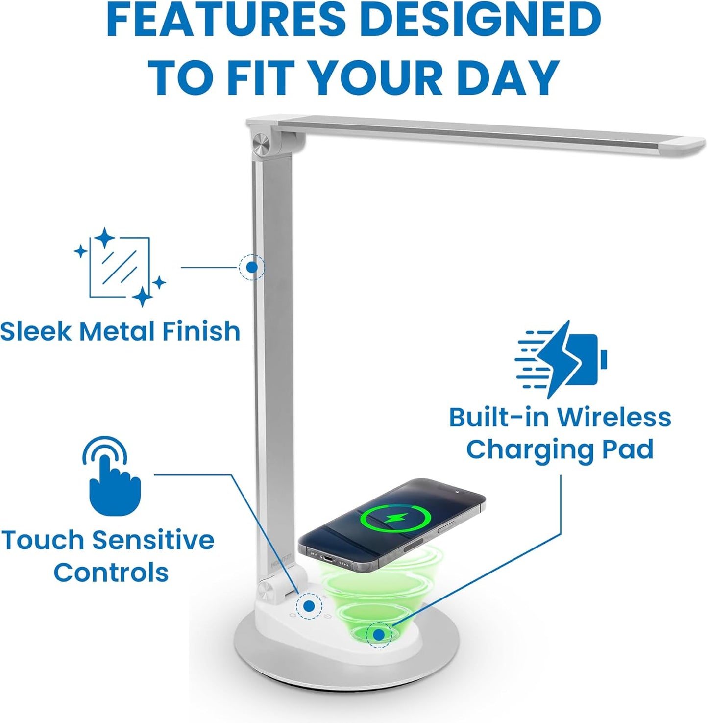 Mount-It! LED Desk Lamp with Wireless Charger and USB-C Charging Port, Dimmable Desk Lamp with 25 Brightness and Color Modes, for Home or Office, Adjustable Arm, Silver/White