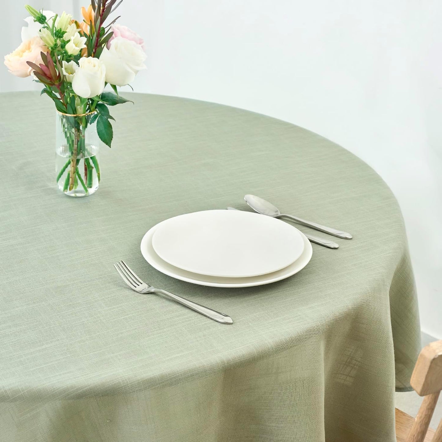 maxmill Lux Faux Linen Tablecloth with Slubby Texture Wrinkle Resistant Anti-Shrink Soft Table Cloth for Kitchen Dining Restaurant Tabletop for Event Holiday Dinner Round 70 Inch Sage Green
