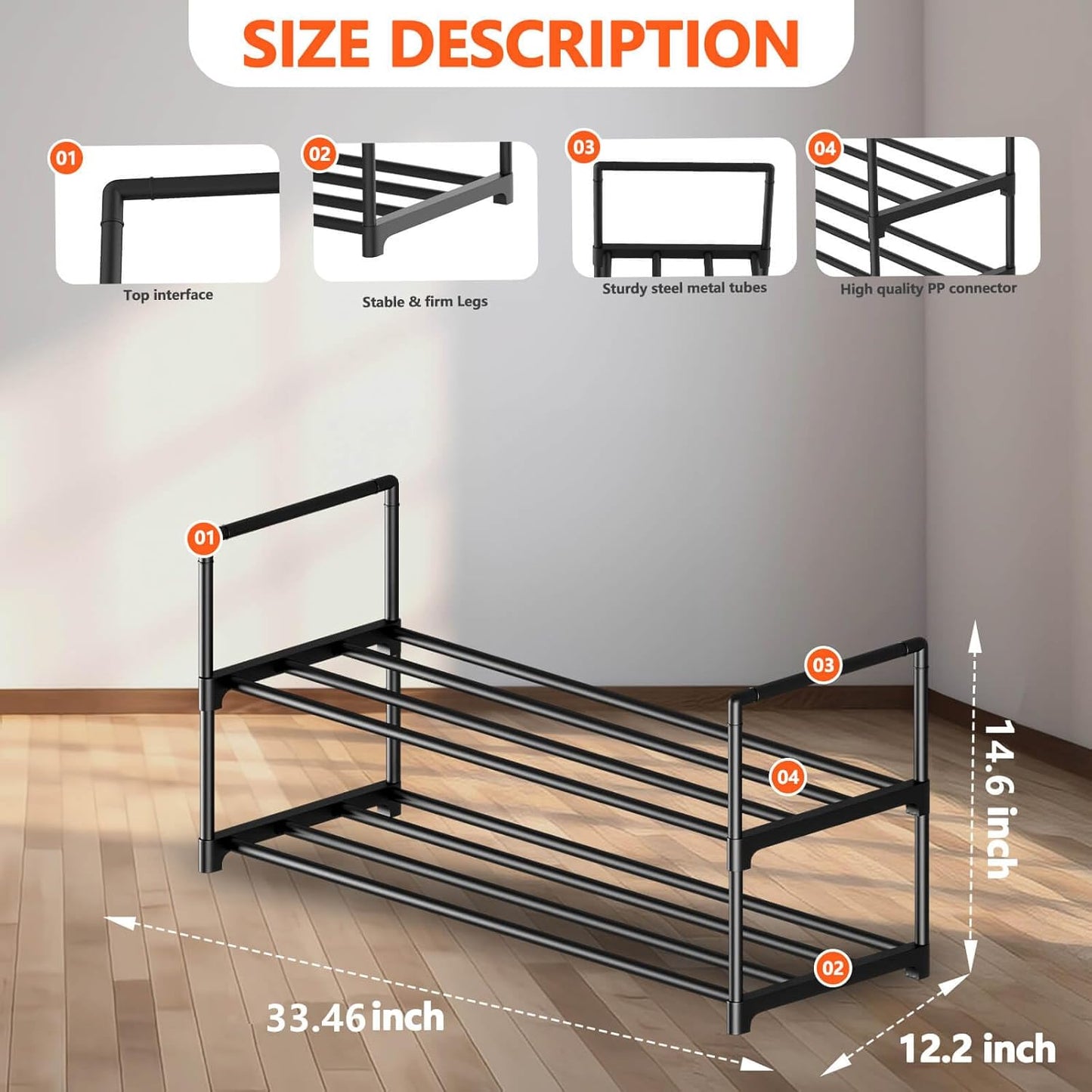 2 Tier Metal Shoe Rack,Adjustable Shoe Shelf Storage Organizer,Stackable Boot & Shoe Storage,for Entryway,Hallway,Closet,Black