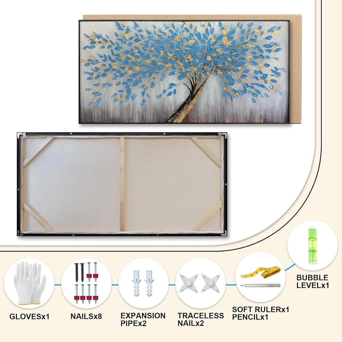 Blue Tree of Life Canvas Wall Art, Modern Abstract Textured Painting, Large Wall Art Framed Panoramic Landscape Artwork for Living Room, Bedroom, Office, Home Decor 48"x24"