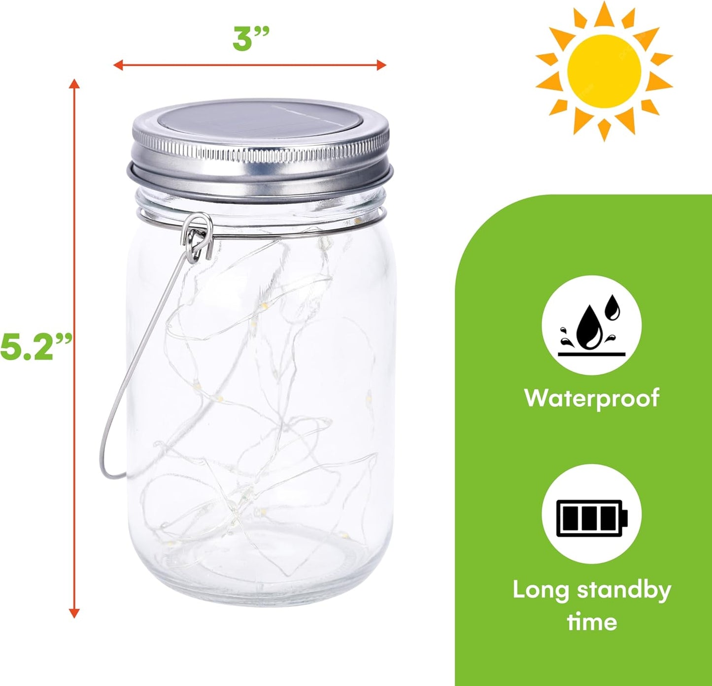 SteadyDoggie Solar Mason Jar Lights - Set of 2 Magical Patio Lights in Glass Lanterns - Hang Them Anywhere Outdoors for Enchanting Illumination - Waterproof and Decorative - 5.2" x 3"