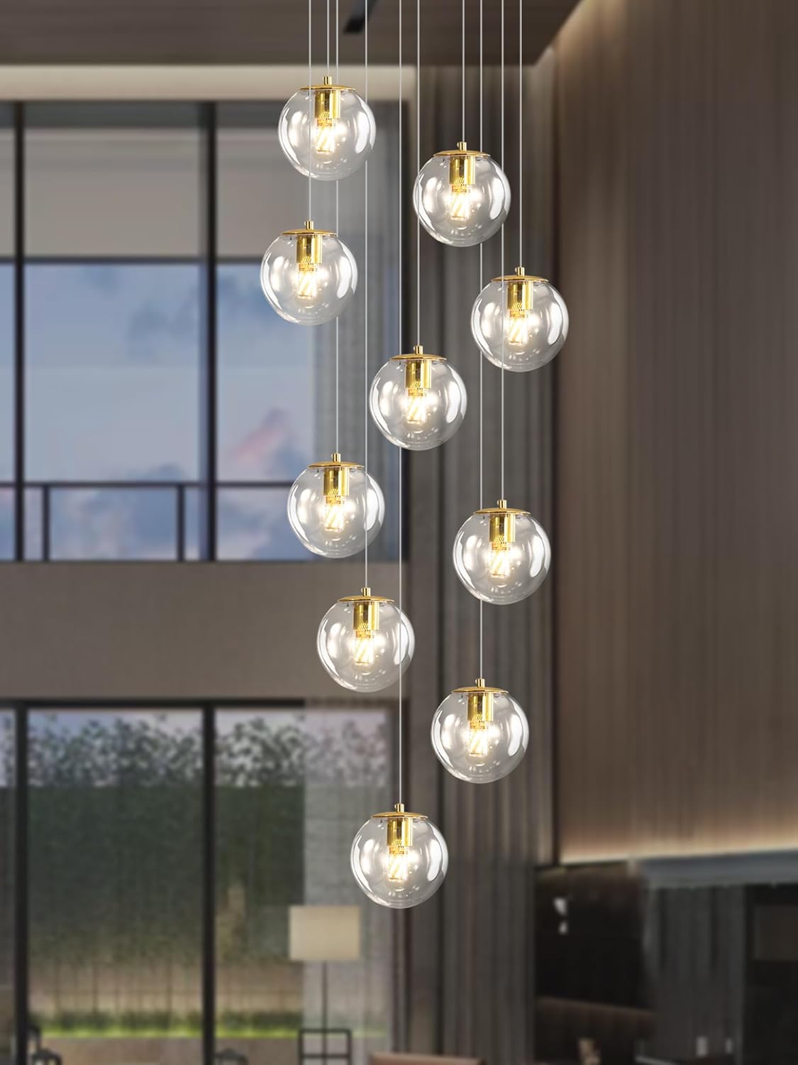 10-Light LED Staircase Modern Glass Globe Pendant Light Gold Chandeliers Large Chandeliers for High Ceilings, Entryway Lighting Fixture Villas and Stairs