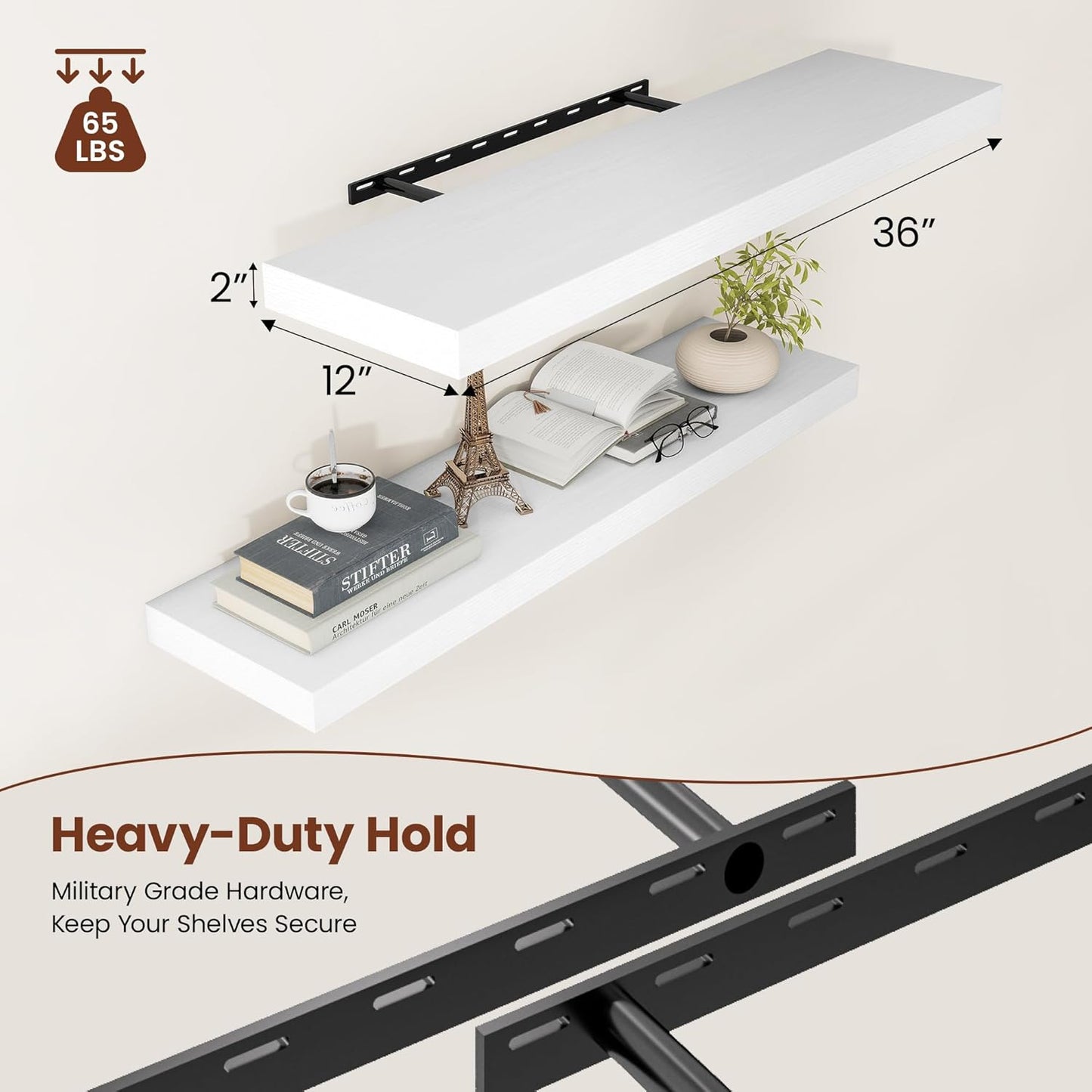 Vivelove White Floating Shelves for Wall, 36 Inch X 12 Deep Shelves for Room Wall Mounted，2" Thick Heavy Duty Holds 65lbs Floating Shelf for Bedroom Bathroom Kitchen Laundry Room, Set of 2