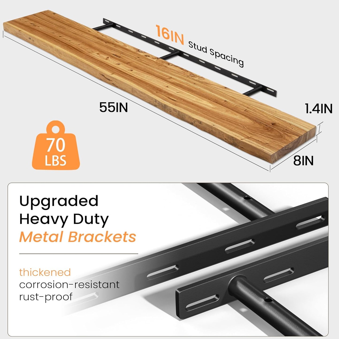 Fun Memories Floating Shelves for Wall Decor, Rustic Solid Elm Wood Live Edge Floating Shelves Wall Mounted, Heavy-Duty Shelf with Invisible Bracket for Living Room Kitchen, 55 Inch Set of 1, Natural