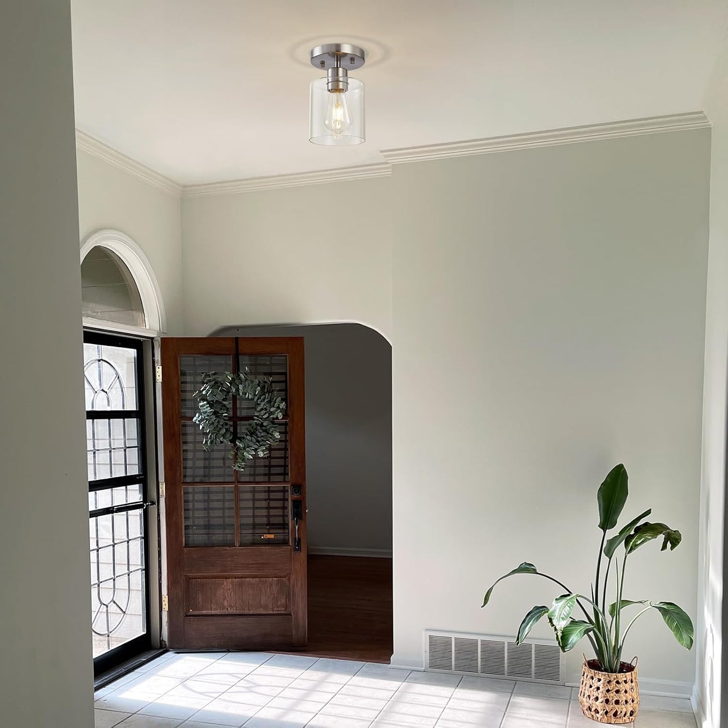 1 Light Semi Flush Mount Ceiling Light, Brushed Nickel Ceiling Light Fixtures, Modern Light Fixtures Ceiling Mount, Ceiling Lights with Glass Shade for Hallway Kitchen Foyer Porch Bedroom-1pack