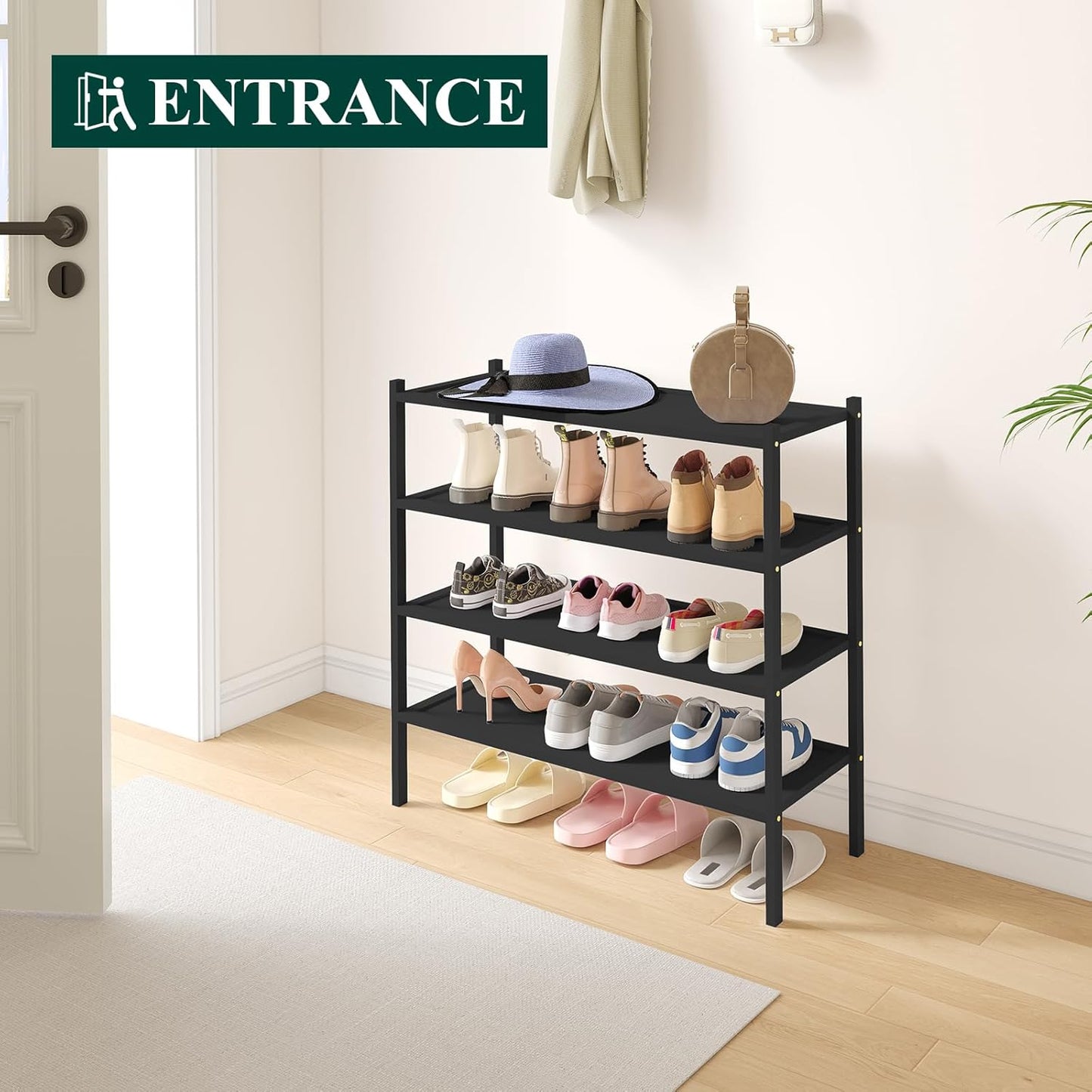 Smiry Bamboo Shoe Rack, 4 Tier Shoe Organizer for Entryway & Closet, Stackable Free Standing Storage Shelf for Shoes, Bags & Plants, Black