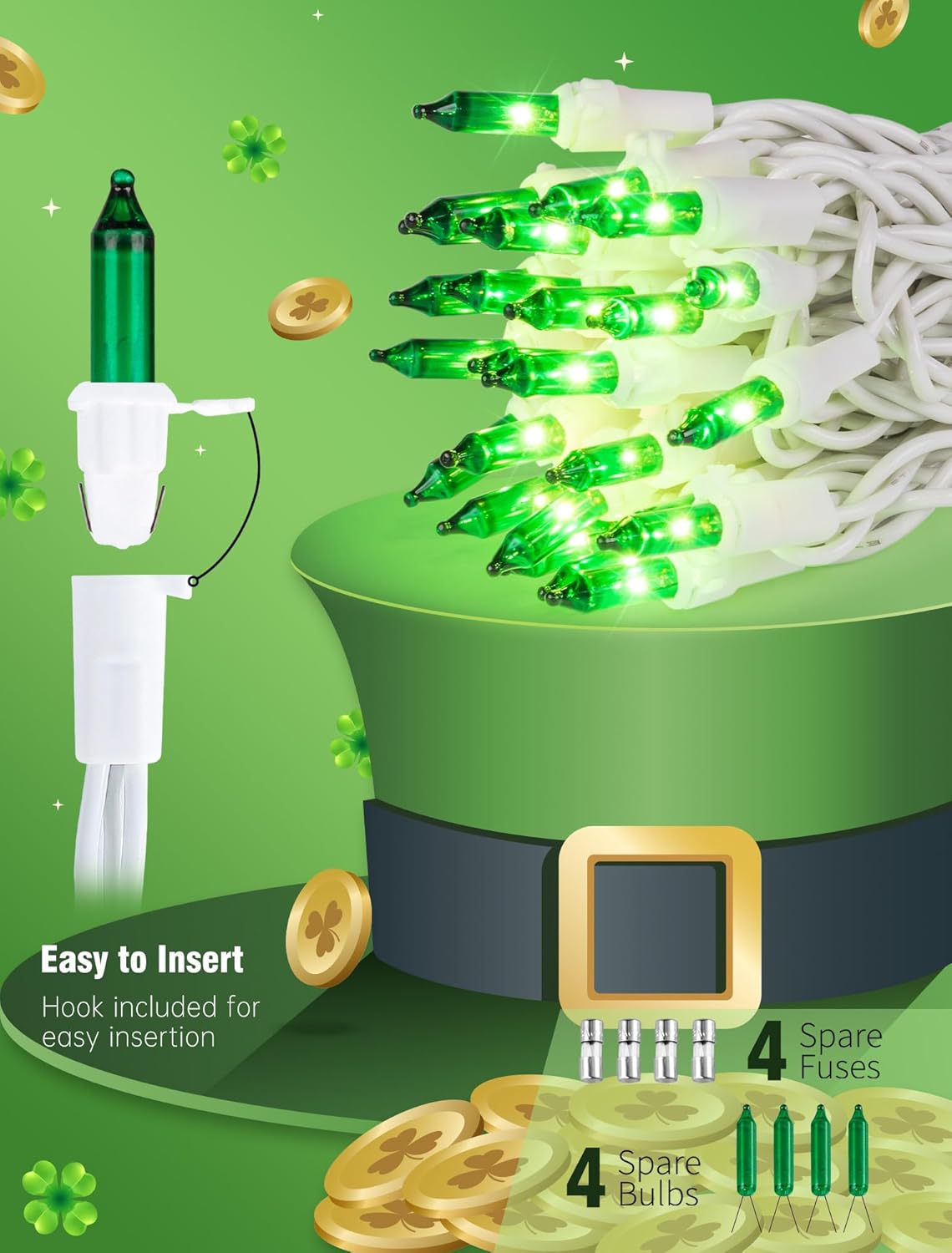 Hopolon St. Patrick's Day String Lights,2 Pack 13FT 50Count Green Mini Lights White Wire,Incandescent Christmas Tree Lights Connectable for Indoor Outdoor Holiday Patio Party Home Decorations