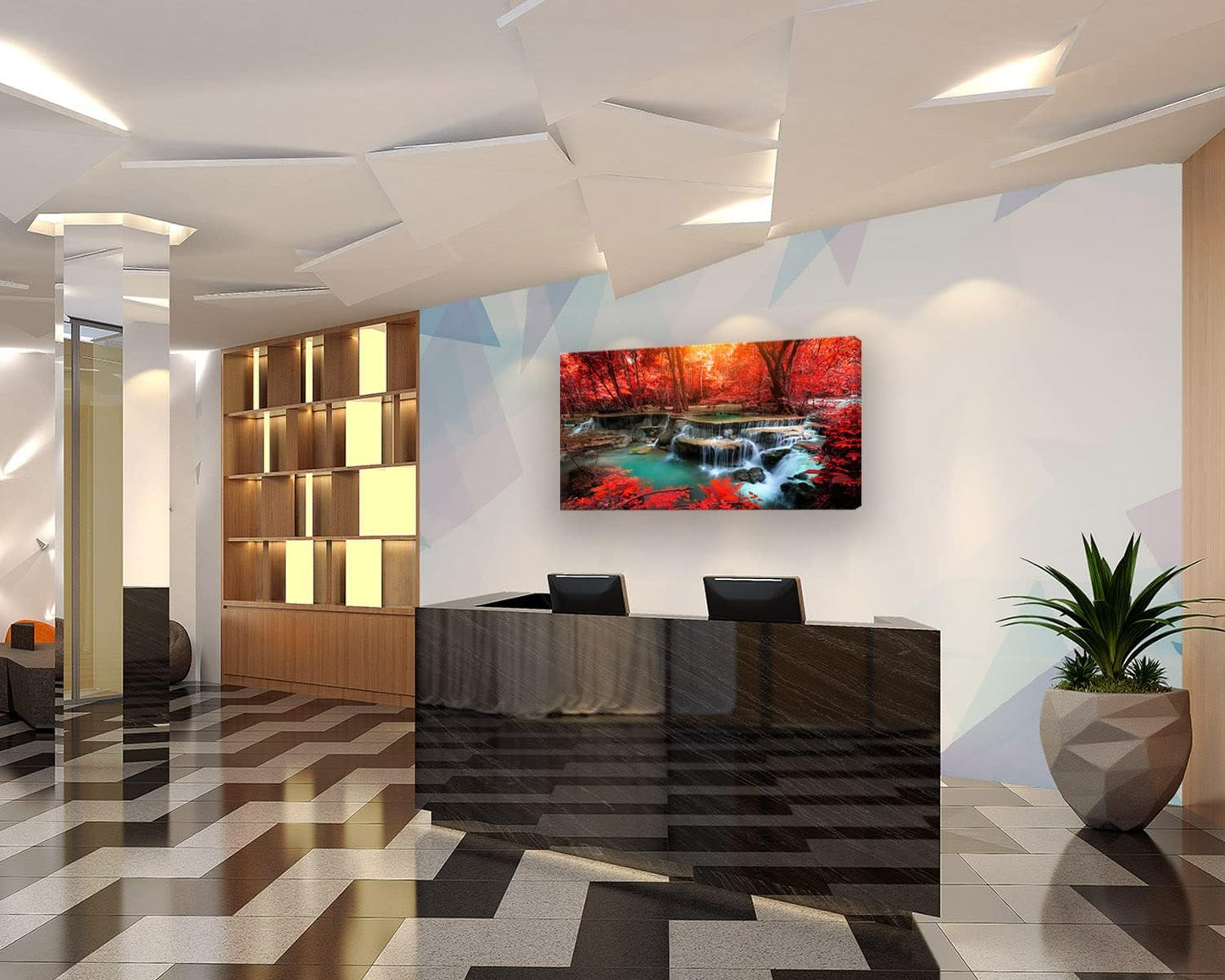 Muolunna BK03950 Wall Art Decor Canvas Print Picture Red Forest Waterfalls 1 Piece Modern Landscape Tree for Living Room Bedroom Kitchen Office Home Decorations Stretched and Framed Ready to Hang