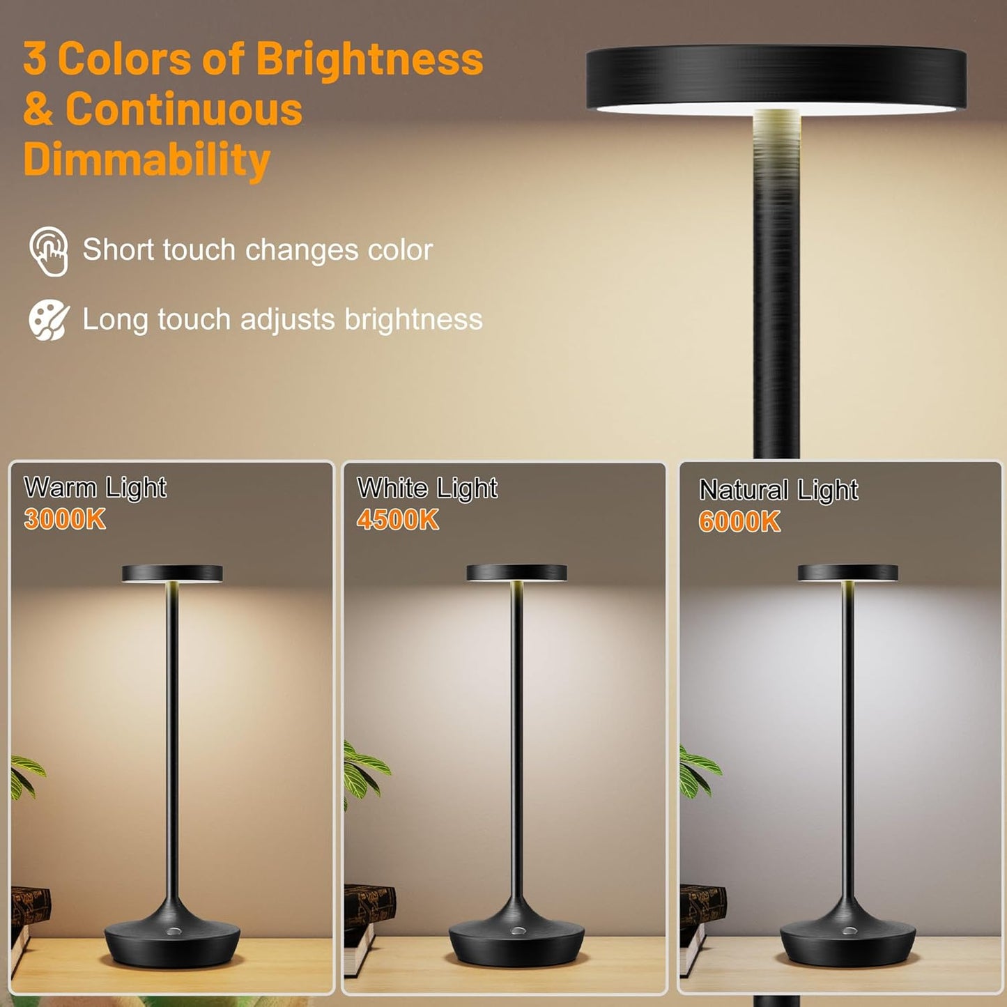 Cordless Table Lamp Rechargeable - 6000mAh LED Battery Operated Table Light - Portable Touch Dimmable Outdoor Waterproof Table Lamps for Patio Restaurant Dining (Black)