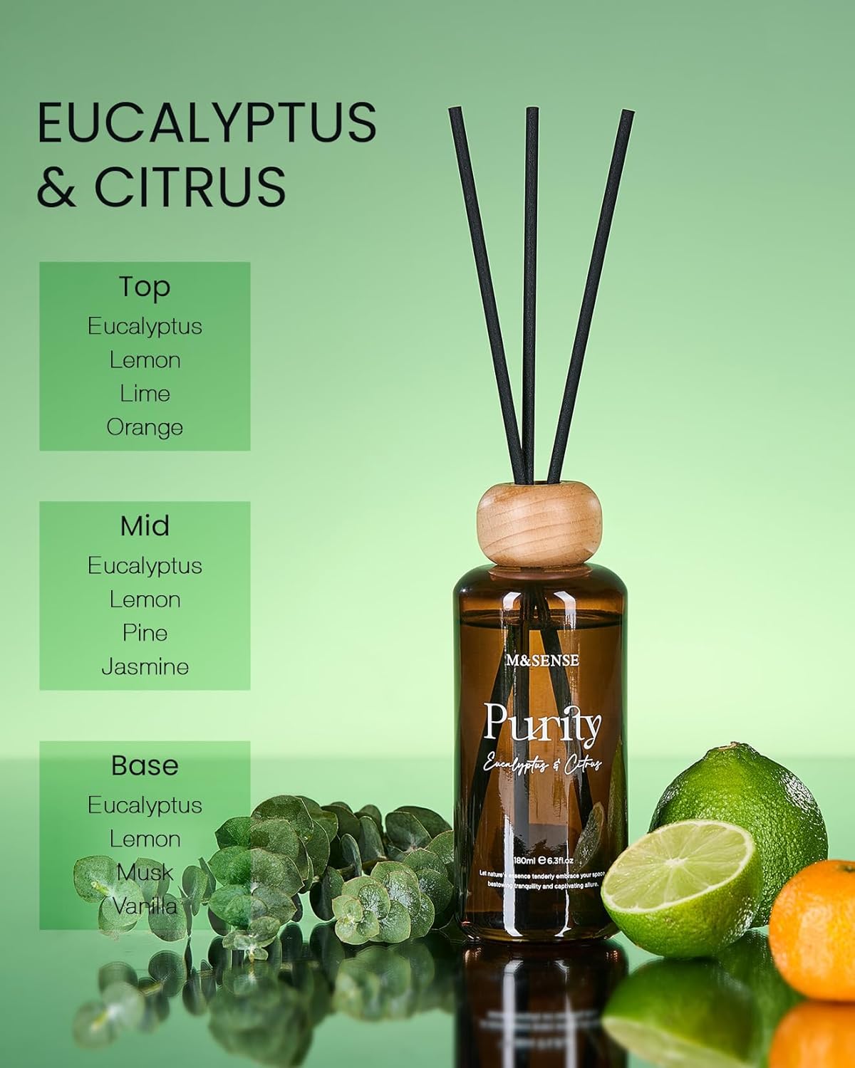 M&SENSE Eucalyptus Citrus Reed Diffuser: 6.3 fl oz Non-Toxic Aroma Set with Sticks, Light & Subtle Fragrance, Long-Lasting Natural Essential Oil Gifts for Bedroom, Shelf Decor & Small Spaces
