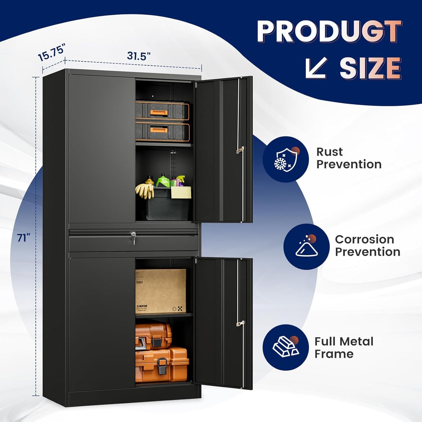 Yizosh Metal Garage Storage Cabinet with Locking Doors and Adjustable Shelves, 71" Tool Storage Cabinet with 1 Drawer for Garage,Warehouse (Black)