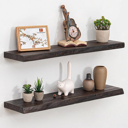 Fun Memories Floating Shelves for Wall Decor, Rustic Solid Elm Wood Live Edge Floating Shelves Wall Mounted, Heavy-Duty Shelf with Invisible Bracket for Living Room Kitchen, 32 Inch Set of 2, Walnut