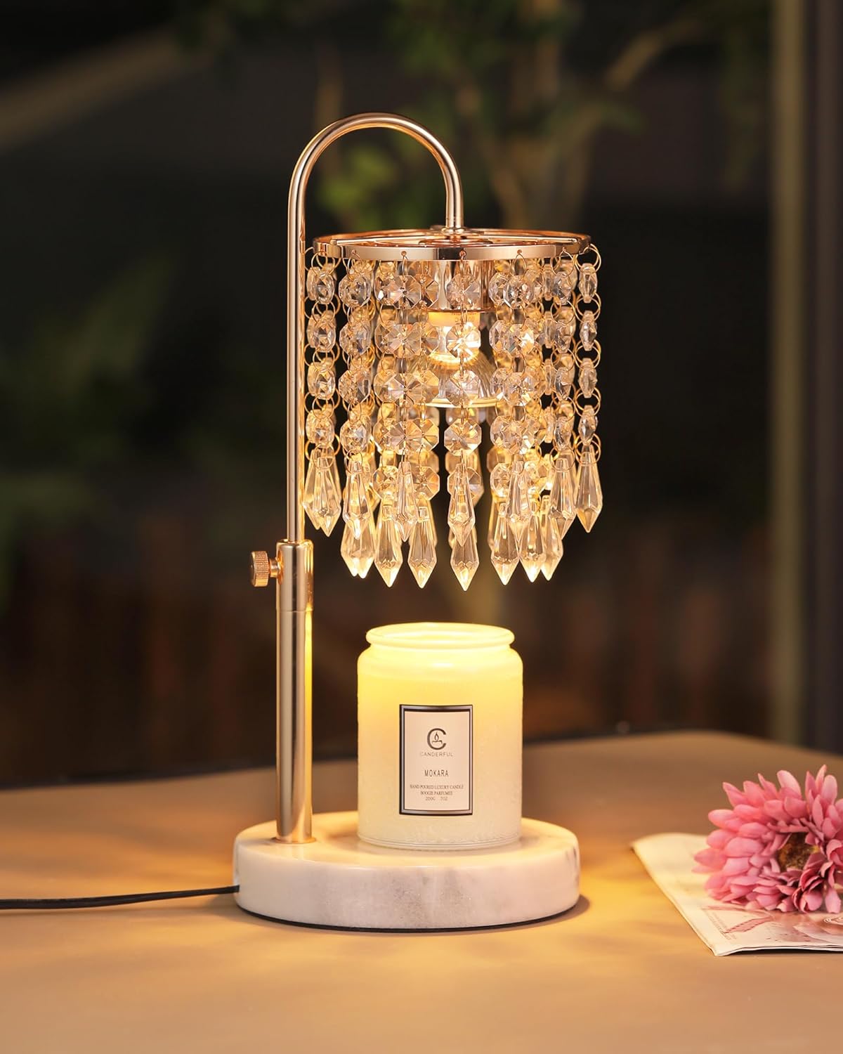 Candle Warmer Lamp with Timer Dimmer and 3 Bulbs, Lamp Candle Warmer with Marble Base for Adjustable Height, Crystal Candle Warmer Lamp for Jar Candles, House Warming Decor Gifts, French Gold