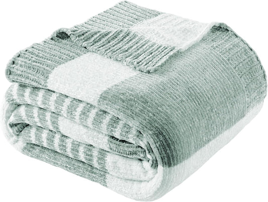 BATTILO HOME Sage Green Throw Blanket for Couch, Farmhouse Chenille Knitted Blanket for Home Decor, Light Green Striped Spring Summer Throw Blanket, 51"x67"