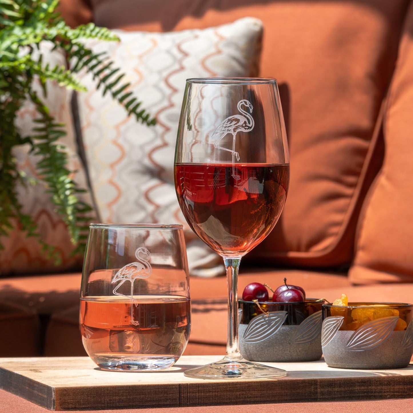 Rolf Glass Flamingo Stemless Wine Glass | 17oz Stemless Tumblers | Lead-Free and Etched Glass | Made in the USA | Coastal or Tropical Flamingo Design | Set of 4