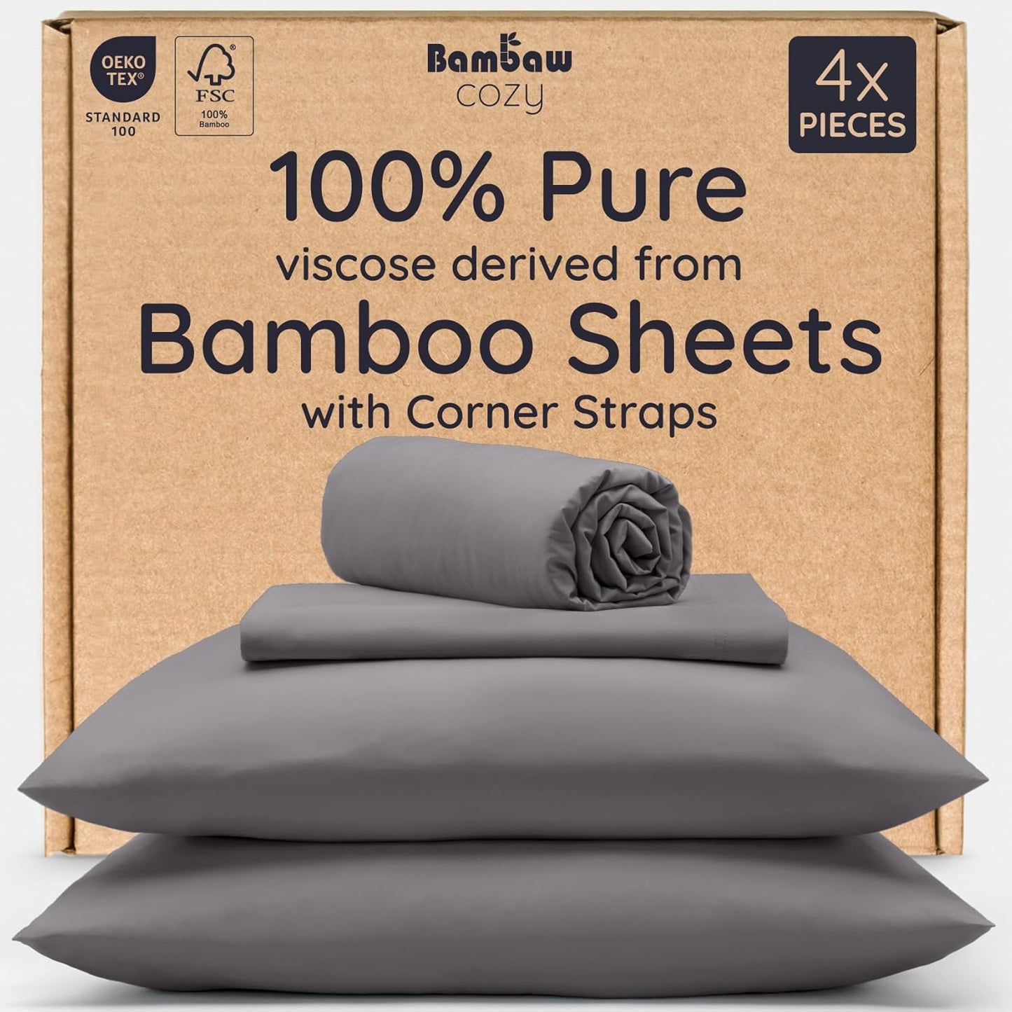 Bambaw 100% Viscose Derived from Bamboo Sheets California King Size Set – 4pcs Cooling Sheets For Night Sweats, Extra Soft Sheet Set, Deep Pocket Fits Up to 16'' With Elastic Corner Straps (Dark Gray)