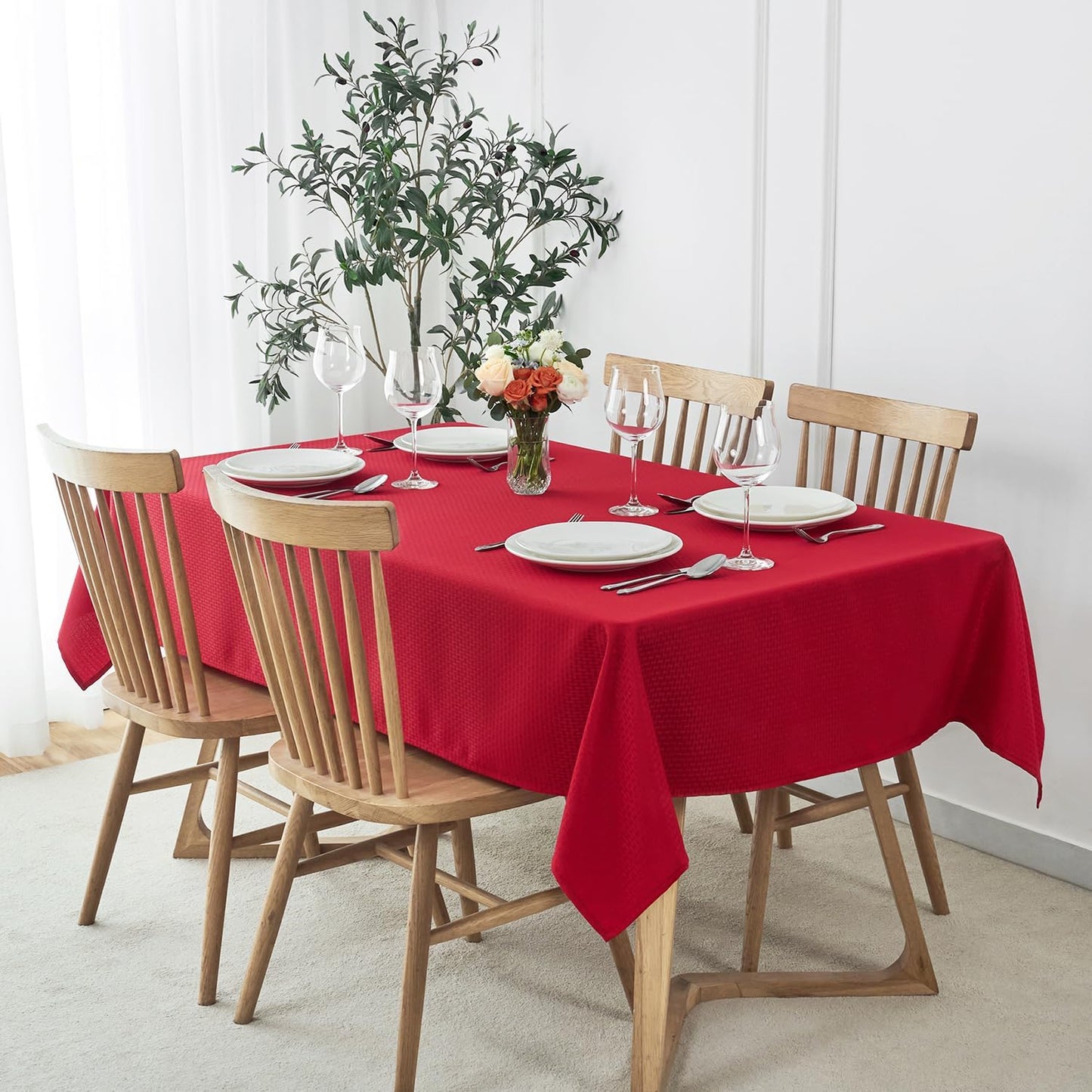 maxmill Rectangle Tablecloth Weaved Design Water Resistant Wrinkle Free Spill-Proof Soft Table Cloth for Dining Room Decoration, Banquet, Christmas Holiday Dinner, 52 x 108 Inch, Red