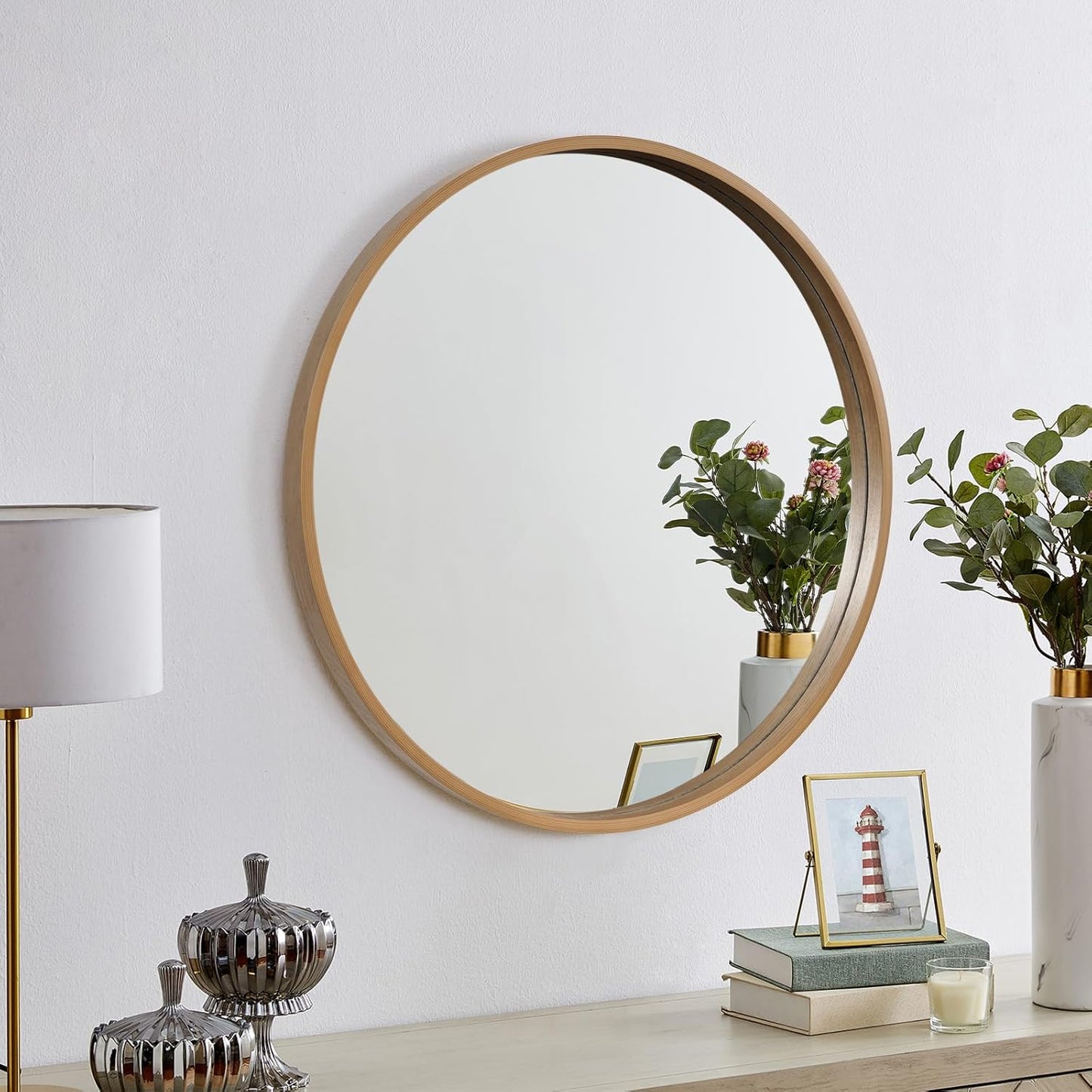 WallBeyond Round Wood Mirror 24" Circle Wall Mirror for Bathroom Round Wall Mirror for Wall Decor, Vanity, Entryway Living Room, Honey